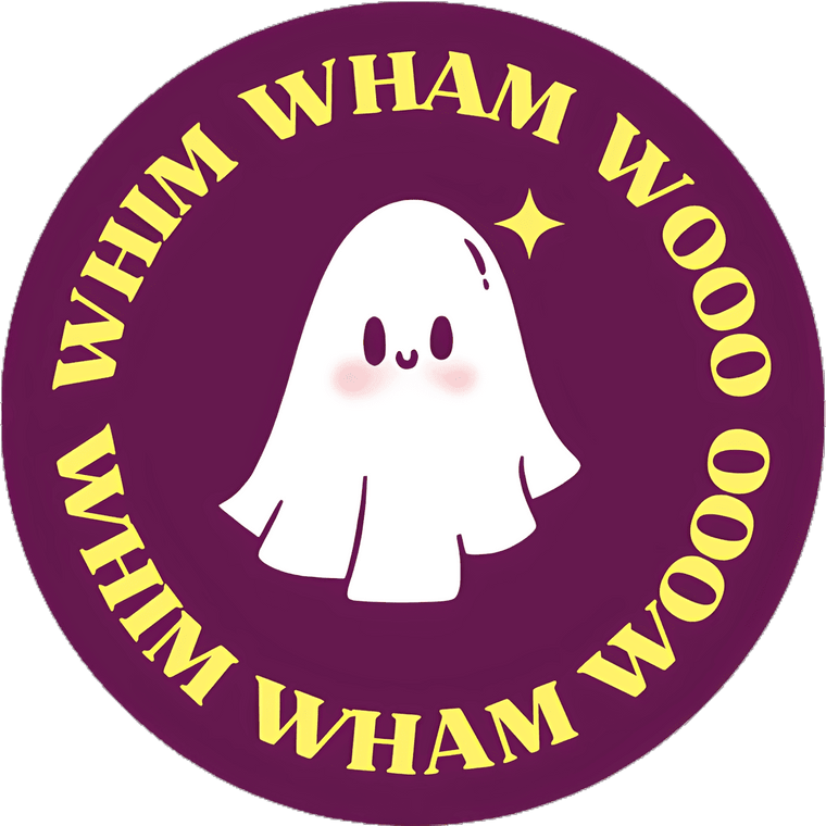 secondary Circular logo with a ghost illustration and 'WHIM WHAM WOOO' text on a purple background