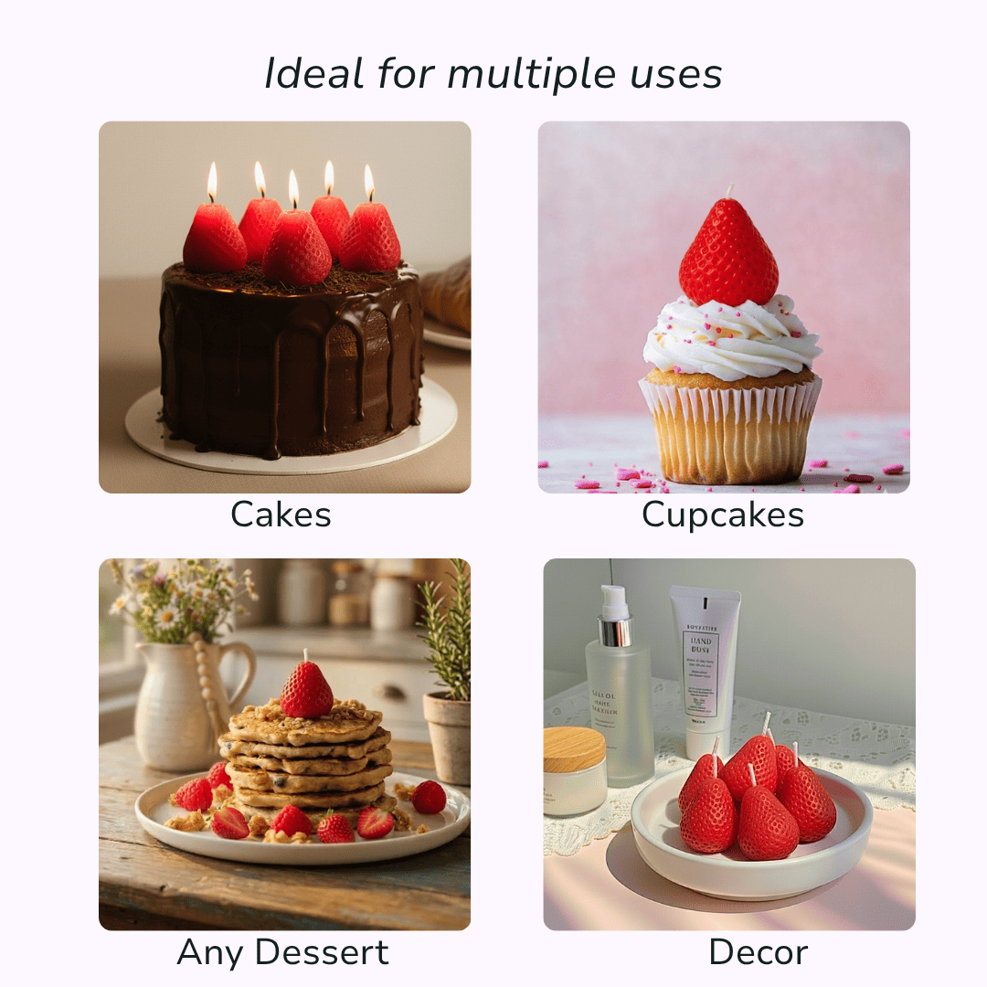 Strawberry candles used as decor for chocolate cakes, vanilla cupcakes, pancakes, and aesthetic vanity trays