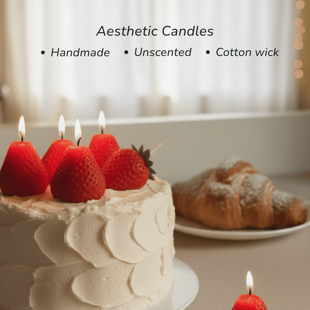 Hand-poured unscented strawberry candles with cotton wicks burning on a white cake
