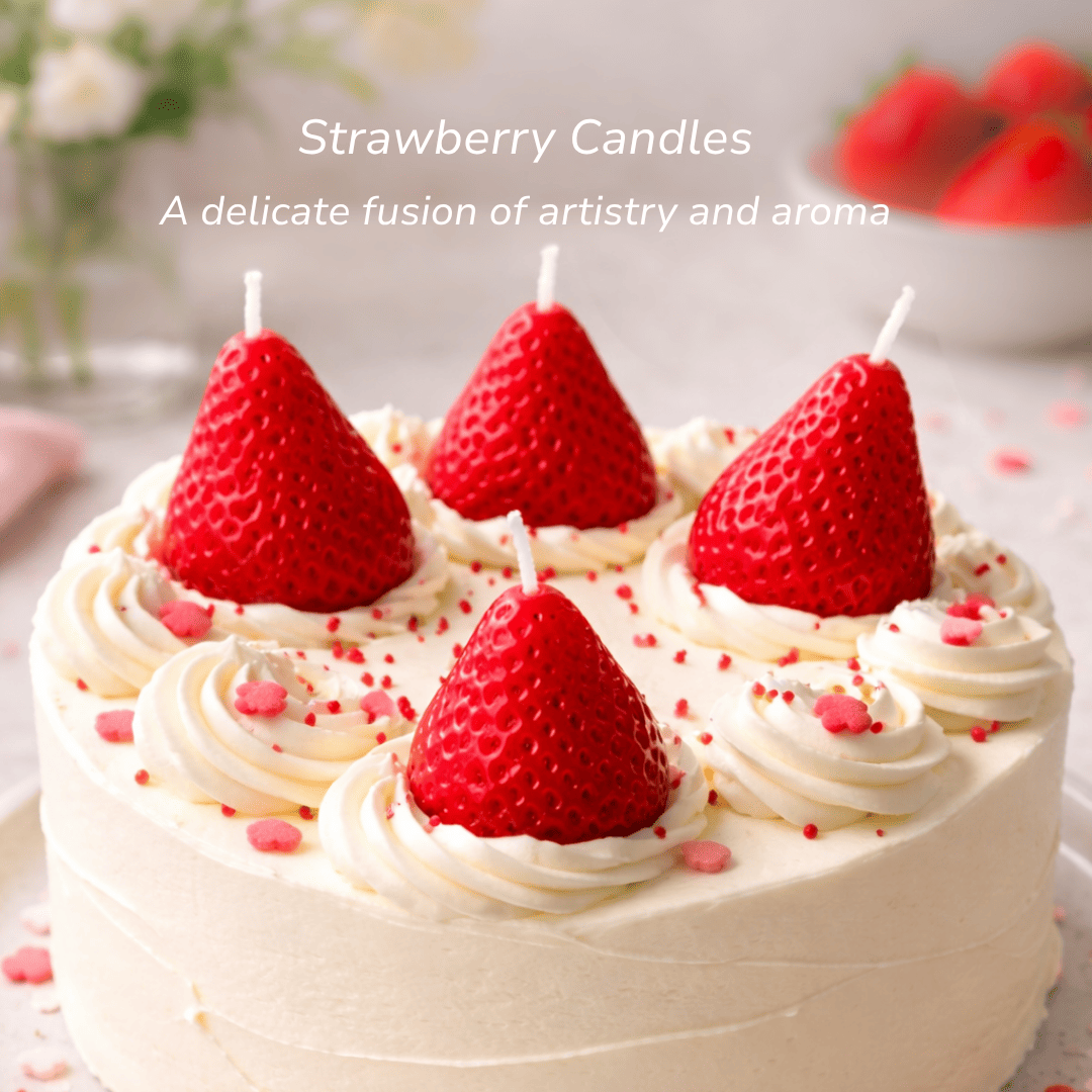 Four realistic strawberry candles used as decorative toppers on a white frosted layer cake